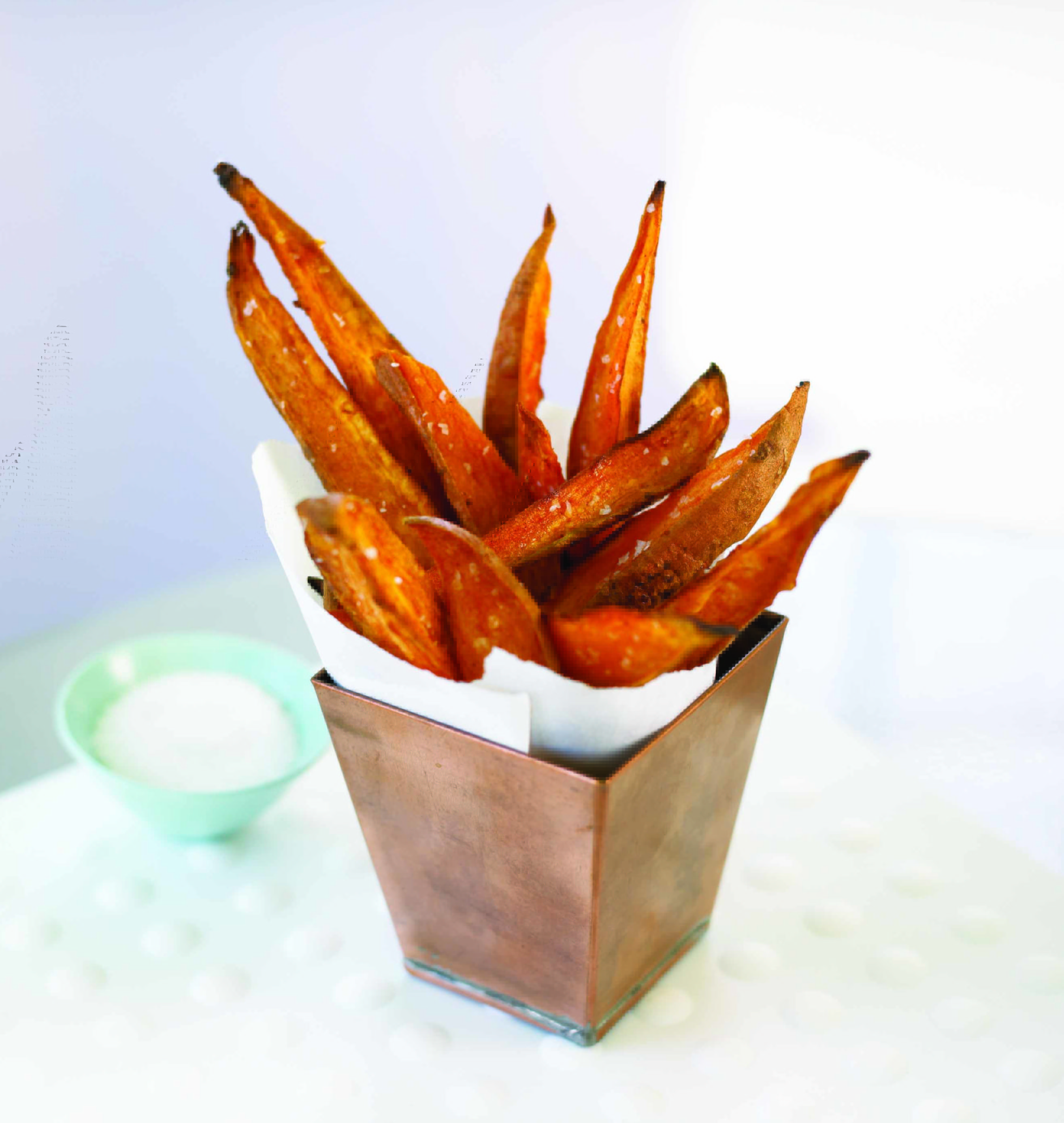 baked sweet potato fries in a metal container