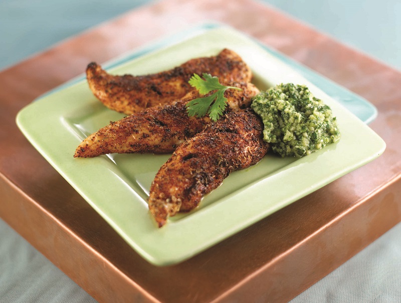 Spice-Rubbed Chicken Fingers with Cilantro Dipping Sauce 