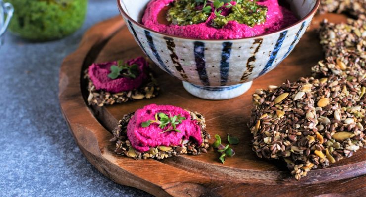 herbed seed crackers with beet root hummus