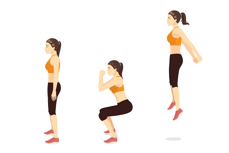 Woman doing squat jump in 3 steps in side view, Illustration about workout.